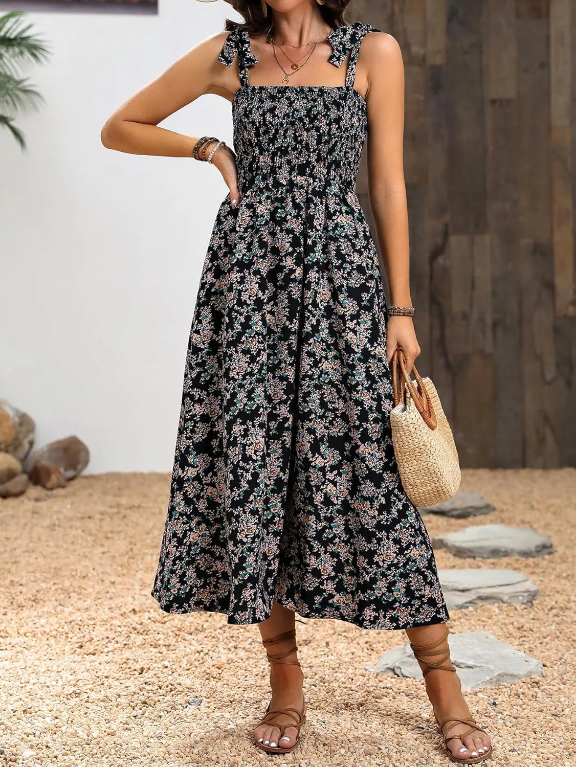 MakeMeChic Women's Summer Floral Dresses 2025 Beach Vacation Casual Blue and White Long Maxi Sundresses