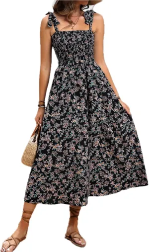 MakeMeChic Women's Summer Floral Dresses 2025 Beach Vacation Casual Blue and White Long Maxi Sundresses