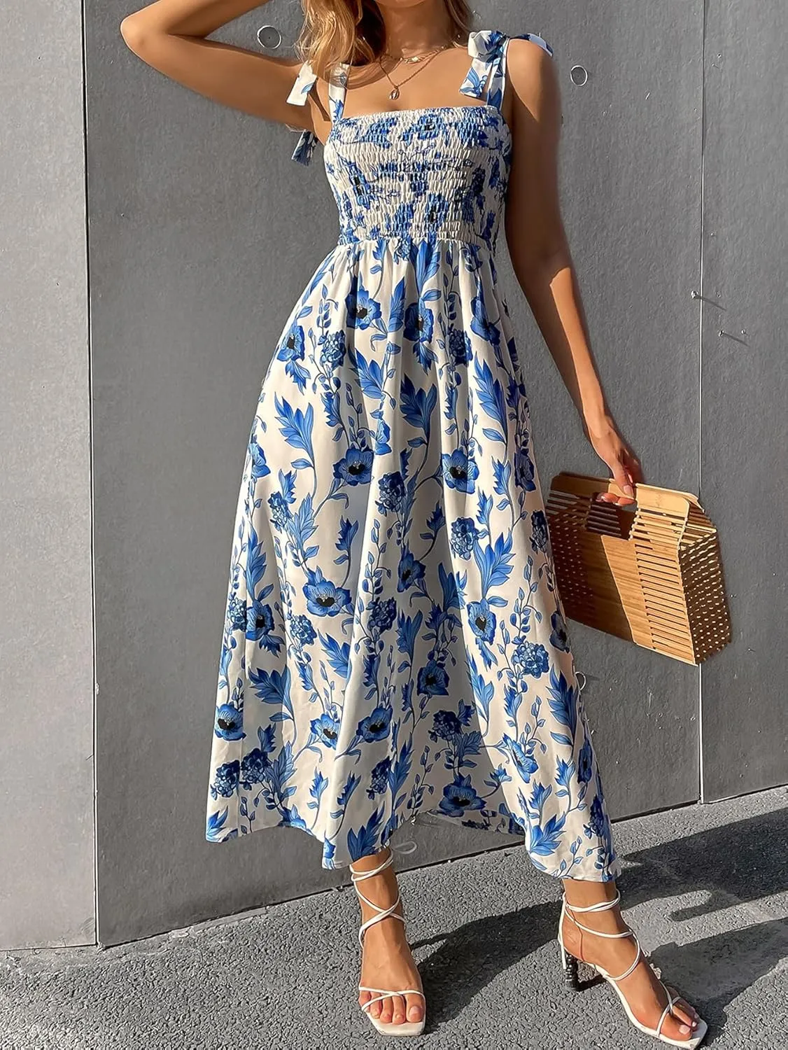 MakeMeChic Women's Summer Floral Dresses 2025 Beach Vacation Casual Blue and White Long Maxi Sundresses