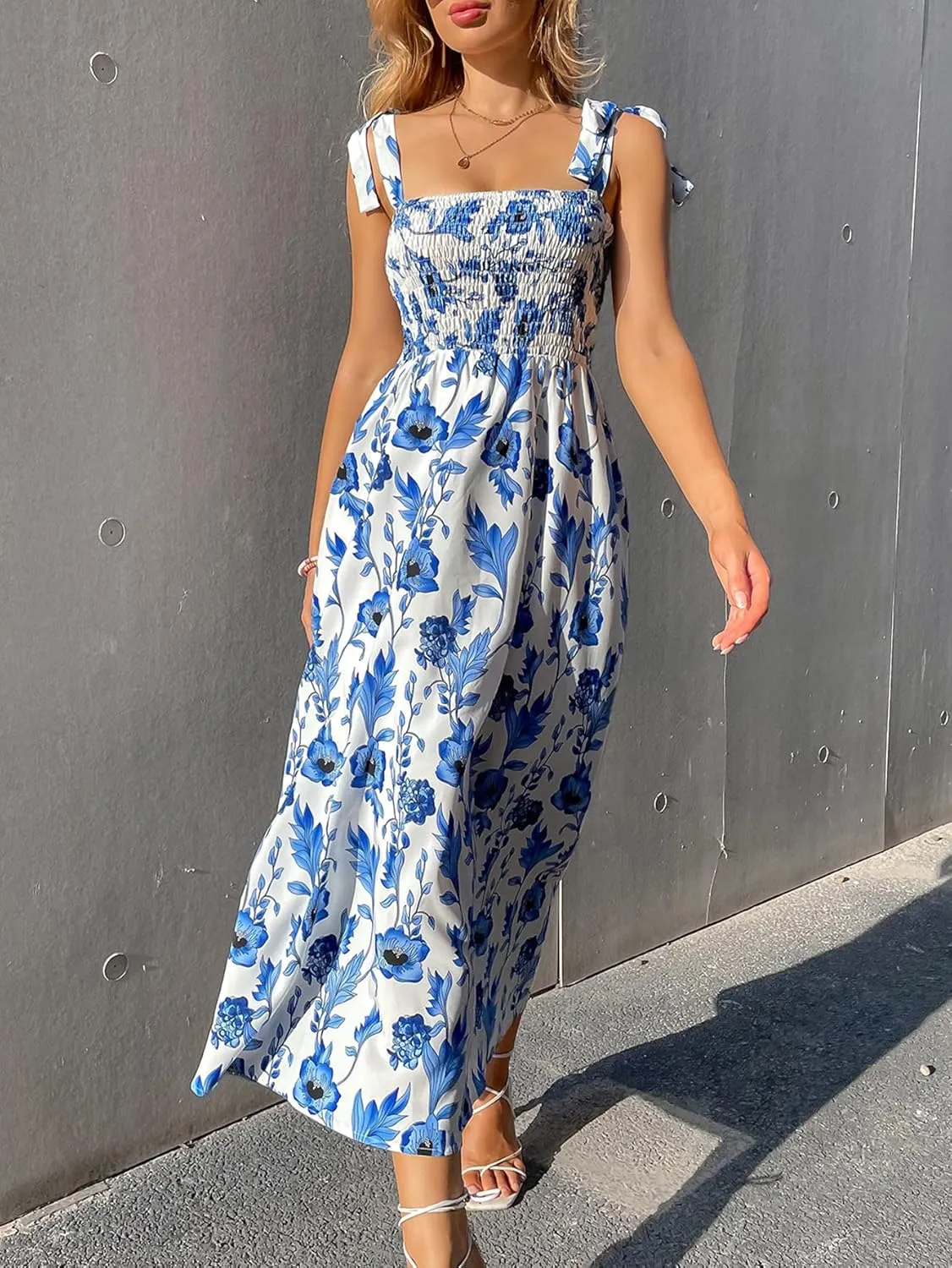 MakeMeChic Women's Summer Floral Dresses 2025 Beach Vacation Casual Blue and White Long Maxi Sundresses