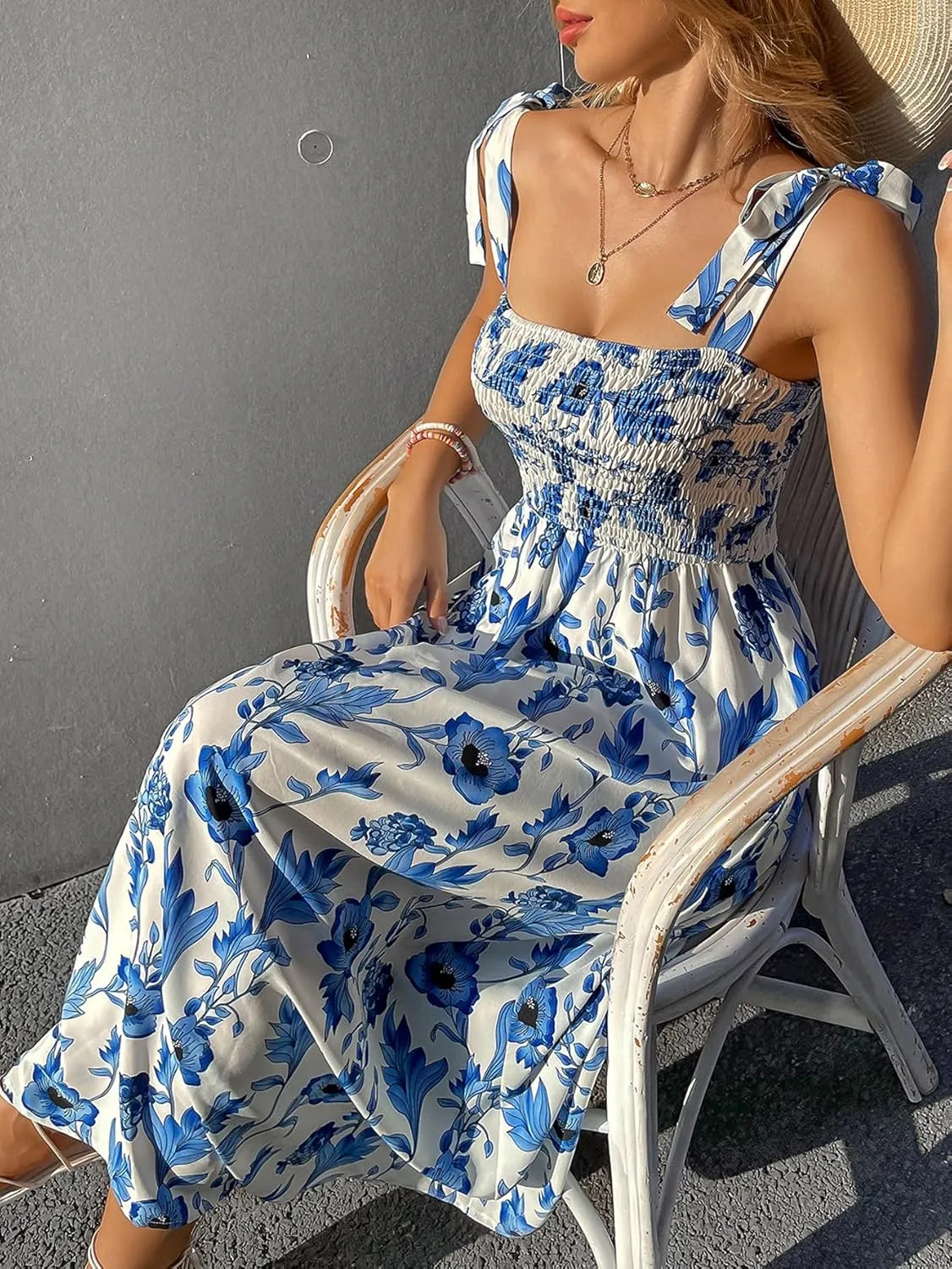 MakeMeChic Women's Summer Floral Dresses 2025 Beach Vacation Casual Blue and White Long Maxi Sundresses