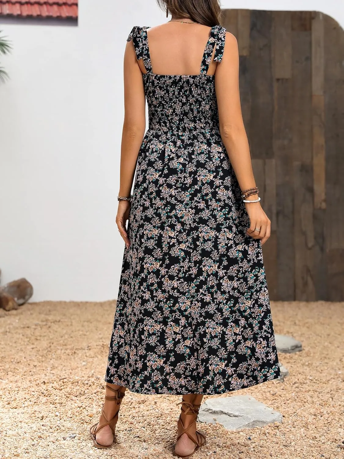 MakeMeChic Women's Summer Floral Dresses 2025 Beach Vacation Casual Blue and White Long Maxi Sundresses