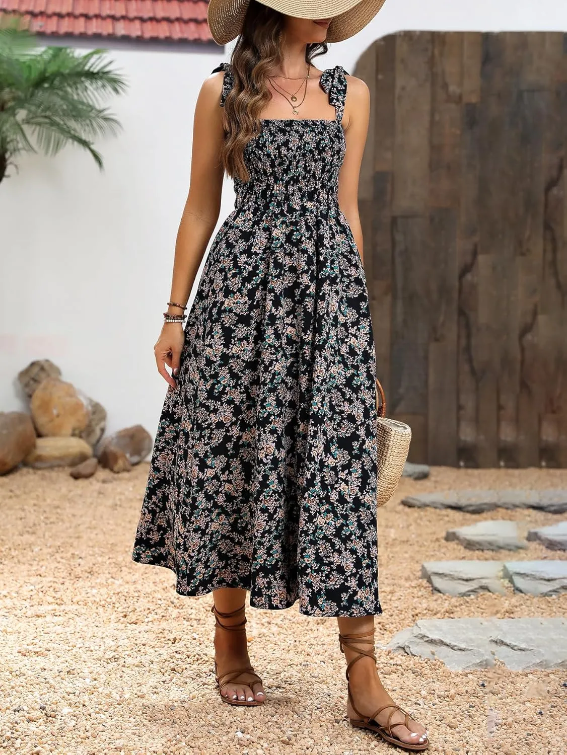 MakeMeChic Women's Summer Floral Dresses 2025 Beach Vacation Casual Blue and White Long Maxi Sundresses