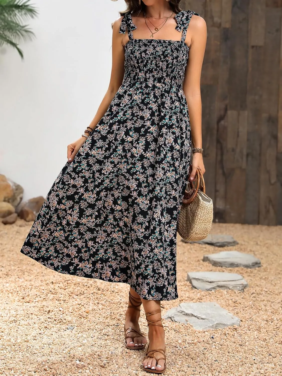 MakeMeChic Women's Summer Floral Dresses 2025 Beach Vacation Casual Blue and White Long Maxi Sundresses