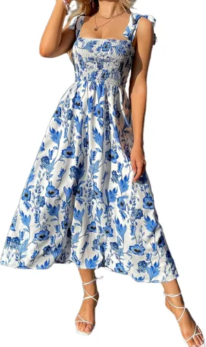 MakeMeChic Women's Summer Floral Dresses 2025 Beach Vacation Casual Blue and White Long Maxi Sundresses
