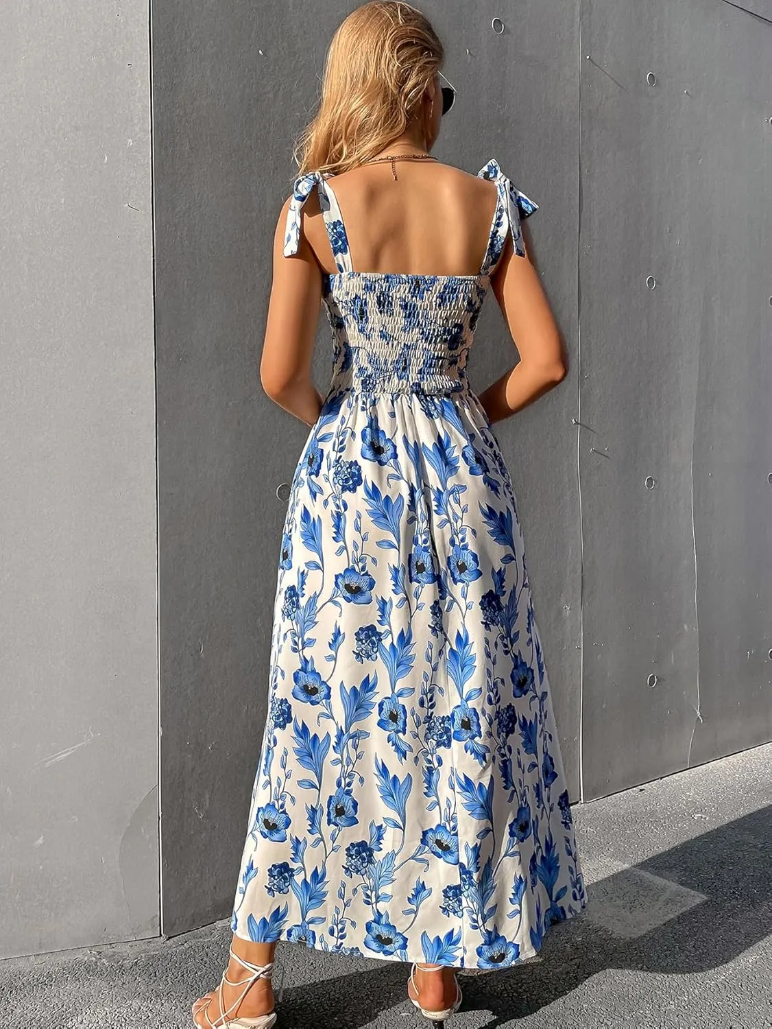 MakeMeChic Women's Summer Floral Dresses 2025 Beach Vacation Casual Blue and White Long Maxi Sundresses
