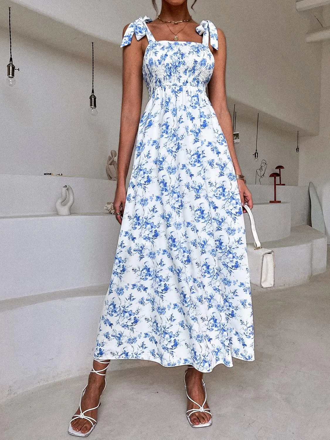 MakeMeChic Women's Summer Floral Dresses 2025 Beach Vacation Casual Blue and White Long Maxi Sundresses