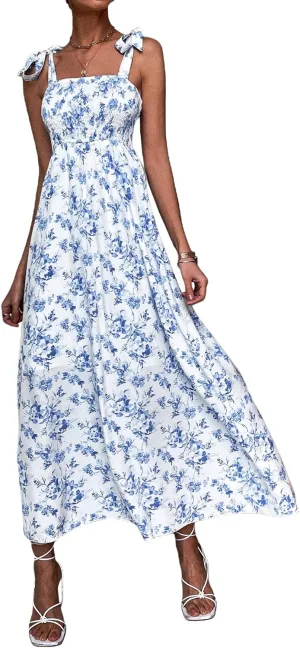 MakeMeChic Women's Summer Floral Dresses 2025 Beach Vacation Casual Blue and White Long Maxi Sundresses