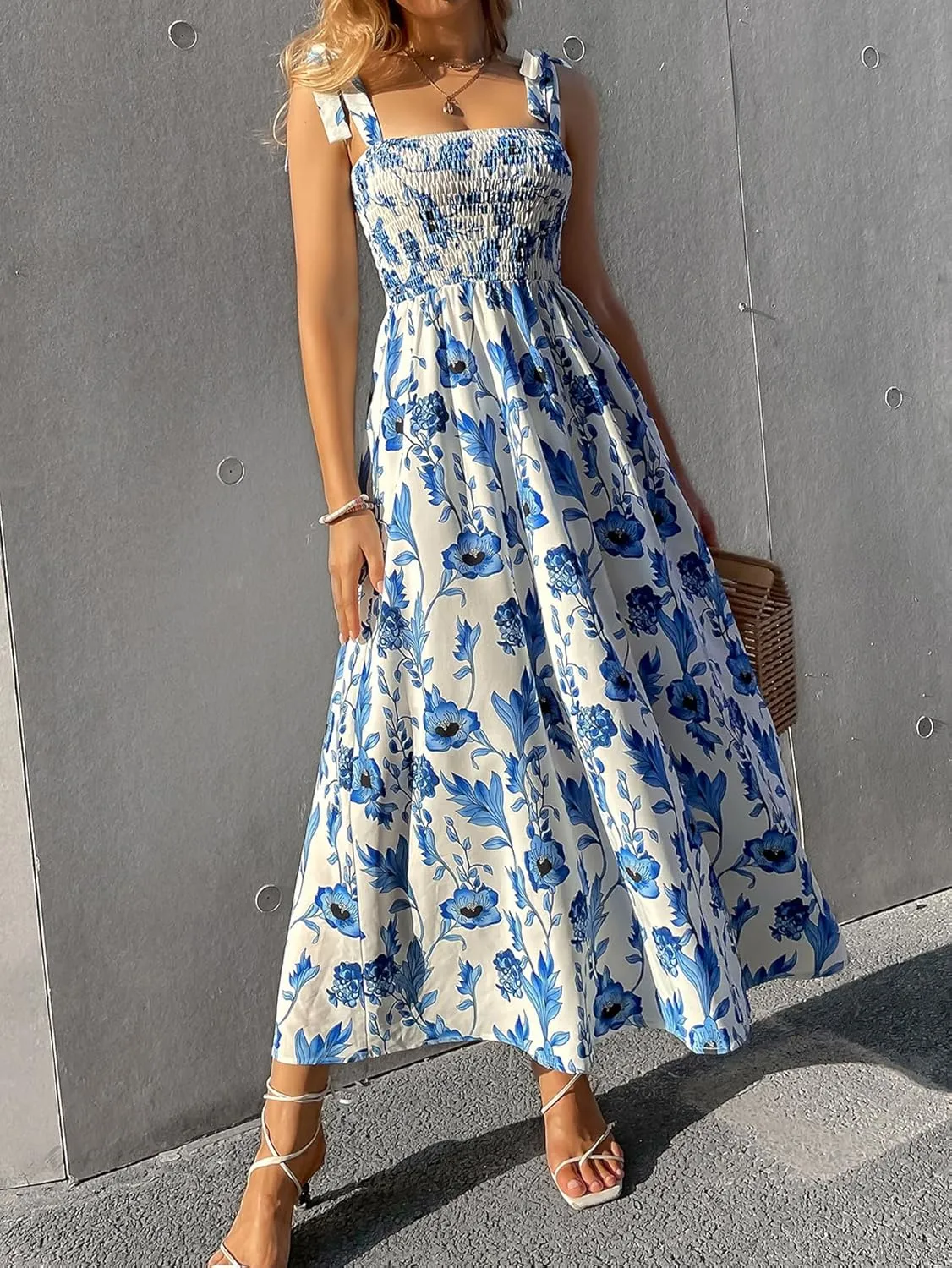 MakeMeChic Women's Summer Floral Dresses 2025 Beach Vacation Casual Blue and White Long Maxi Sundresses