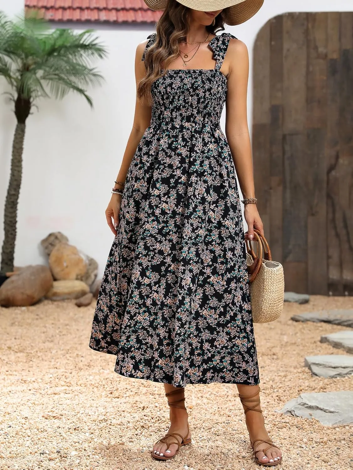 MakeMeChic Women's Summer Floral Dresses 2025 Beach Vacation Casual Blue and White Long Maxi Sundresses