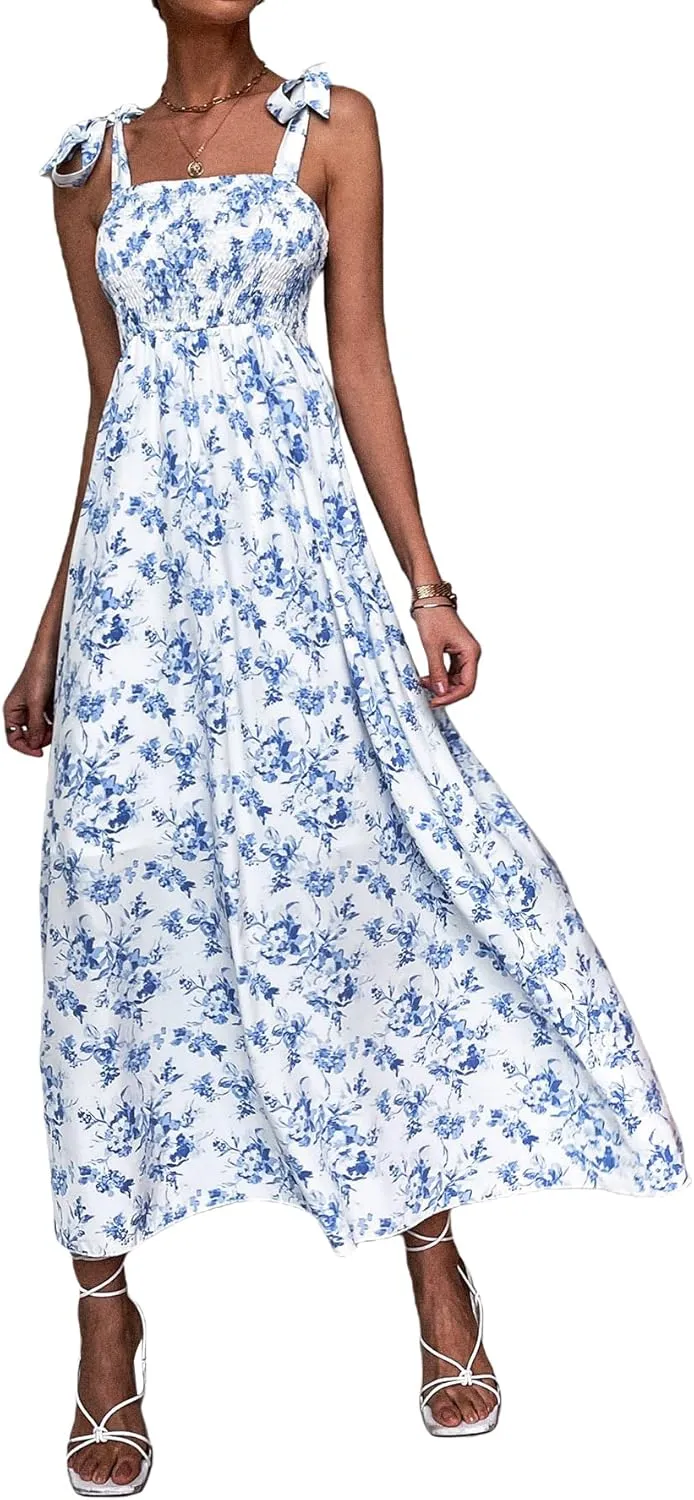 MakeMeChic Women's Summer Floral Dresses 2025 Beach Vacation Casual Blue and White Long Maxi Sundresses