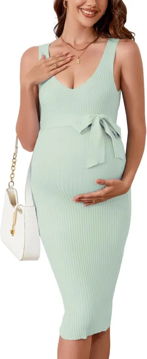 Maternity Dress Rib Knit Sleeveless V Neck Casual Summer Pregnancy Dresses for Photoshoot Baby Shower Light Green