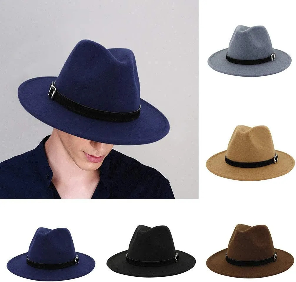 Men & Women Vintage Wide Brim Fedora Hat with Belt Buckle Women Belt Buckle Fedora Hat Men Fall Winter Panama Hat