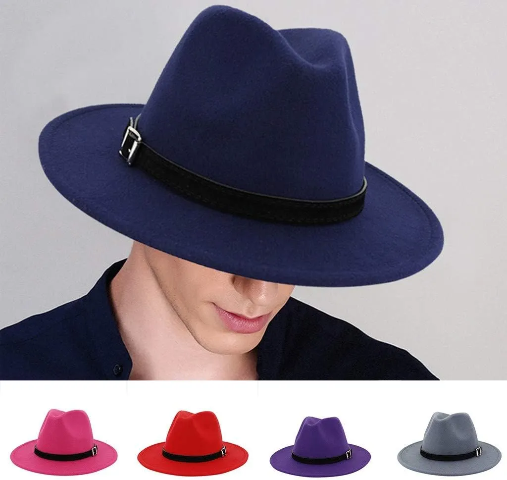 Men & Women Vintage Wide Brim Fedora Hat with Belt Buckle Women Belt Buckle Fedora Hat Men Fall Winter Panama Hat