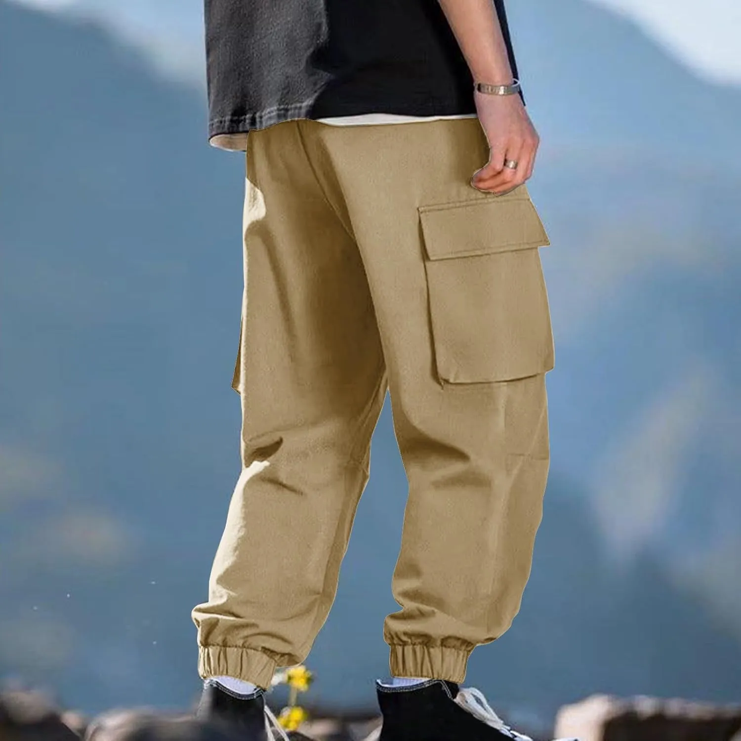 Mens Cargo Pants Trendy Solid Color Work Pants Elastic Waist Drawstring Hiking Pants Casual Multi Pockets Jogger Pants