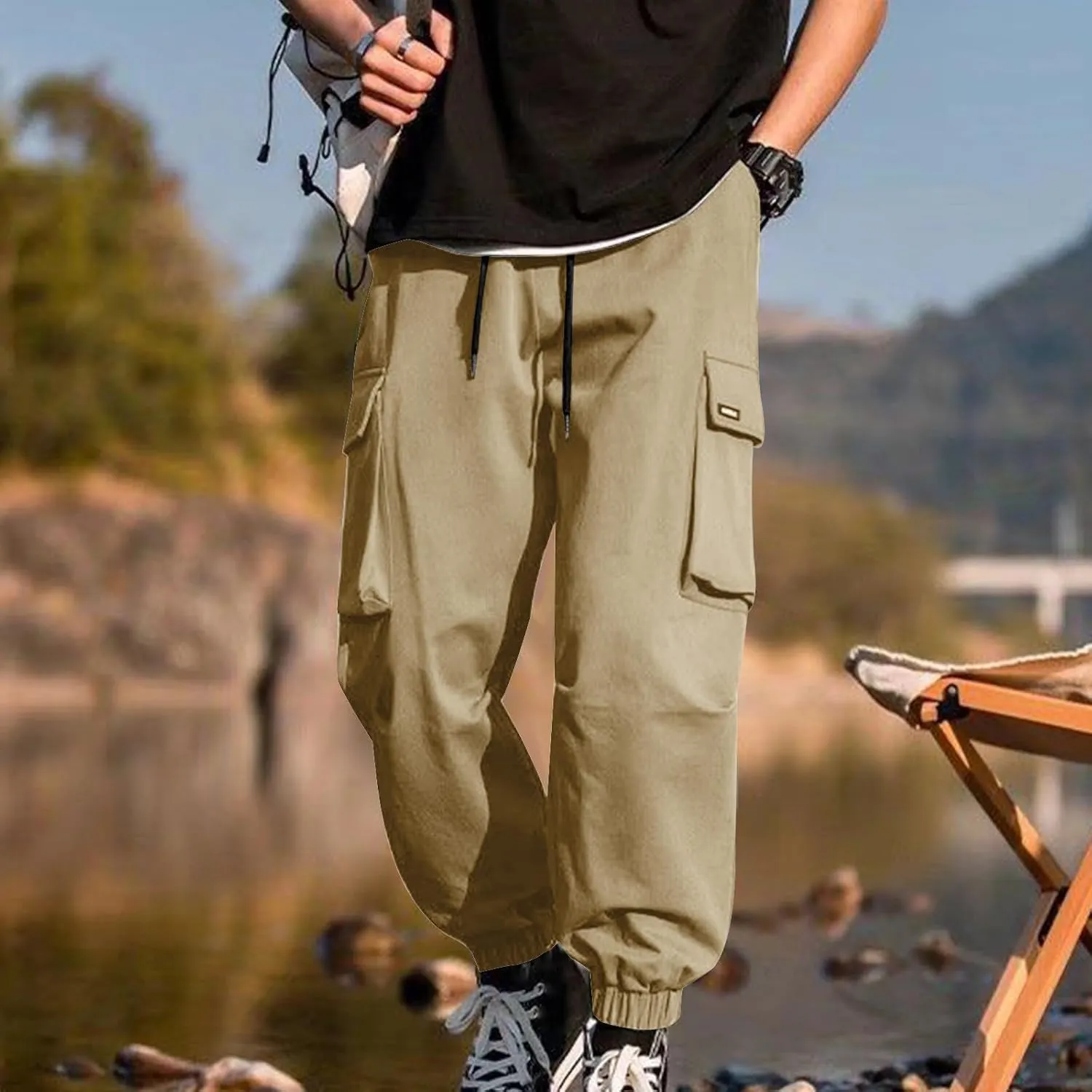 Mens Cargo Pants Trendy Solid Color Work Pants Elastic Waist Drawstring Hiking Pants Casual Multi Pockets Jogger Pants