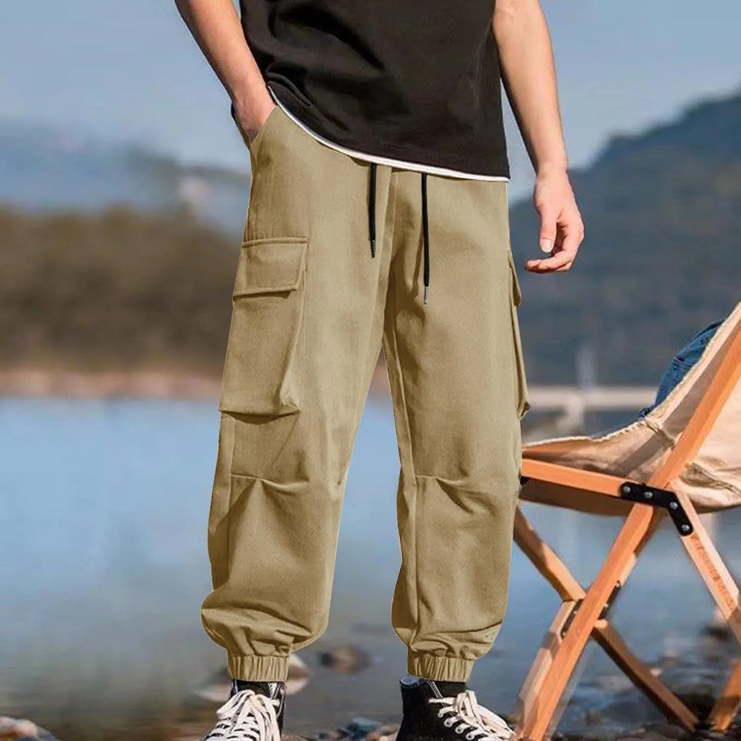 Mens Cargo Pants Trendy Solid Color Work Pants Elastic Waist Drawstring Hiking Pants Casual Multi Pockets Jogger Pants