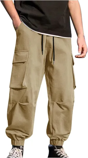 Mens Cargo Pants Trendy Solid Color Work Pants Elastic Waist Drawstring Hiking Pants Casual Multi Pockets Jogger Pants