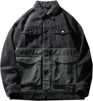 Men's Denim Jacket Retro Patchwork Workwear American Loose Casual Coat