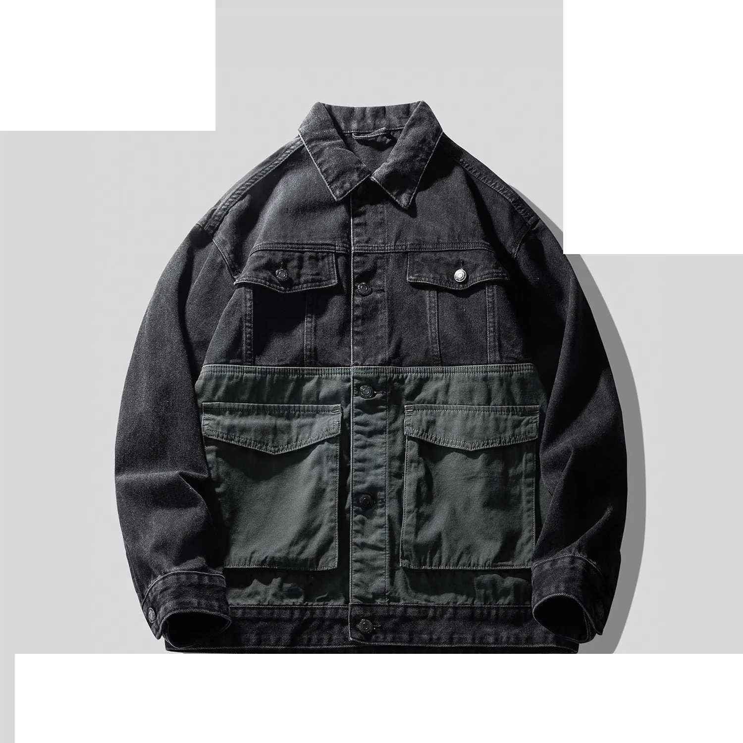 Men's Denim Jacket Retro Patchwork Workwear American Loose Casual Coat