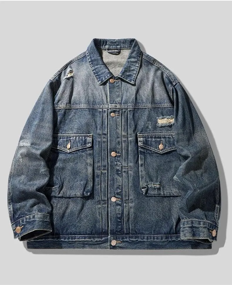 Men's Denim Jacket Retro Workwear Spring Loose American Casual Coat for Men