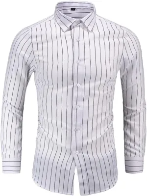 Men's Long Sleeve Red Black Striped Shirt Classic Fit Office Social Dress Shirt Tops