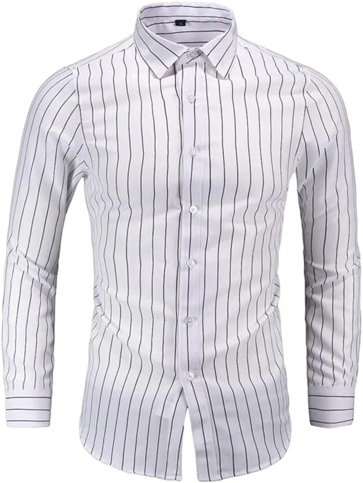 Men's Long Sleeve Red Black Striped Shirt Classic Fit Office Social Dress Shirt Tops