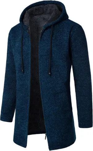 Men's Wool Blend Jacket Slim Mid Lenght Sherpa Lined Thicked Hooded Coats Casual Plush Fleece Winter Warm Overcoats