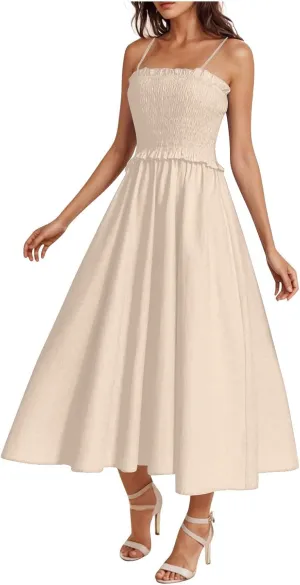Midi Dresses for Women 2025 Summer Fashion Spaghetti Strap Slip Dress High Waisted Cocktail Party A Line Long Dress