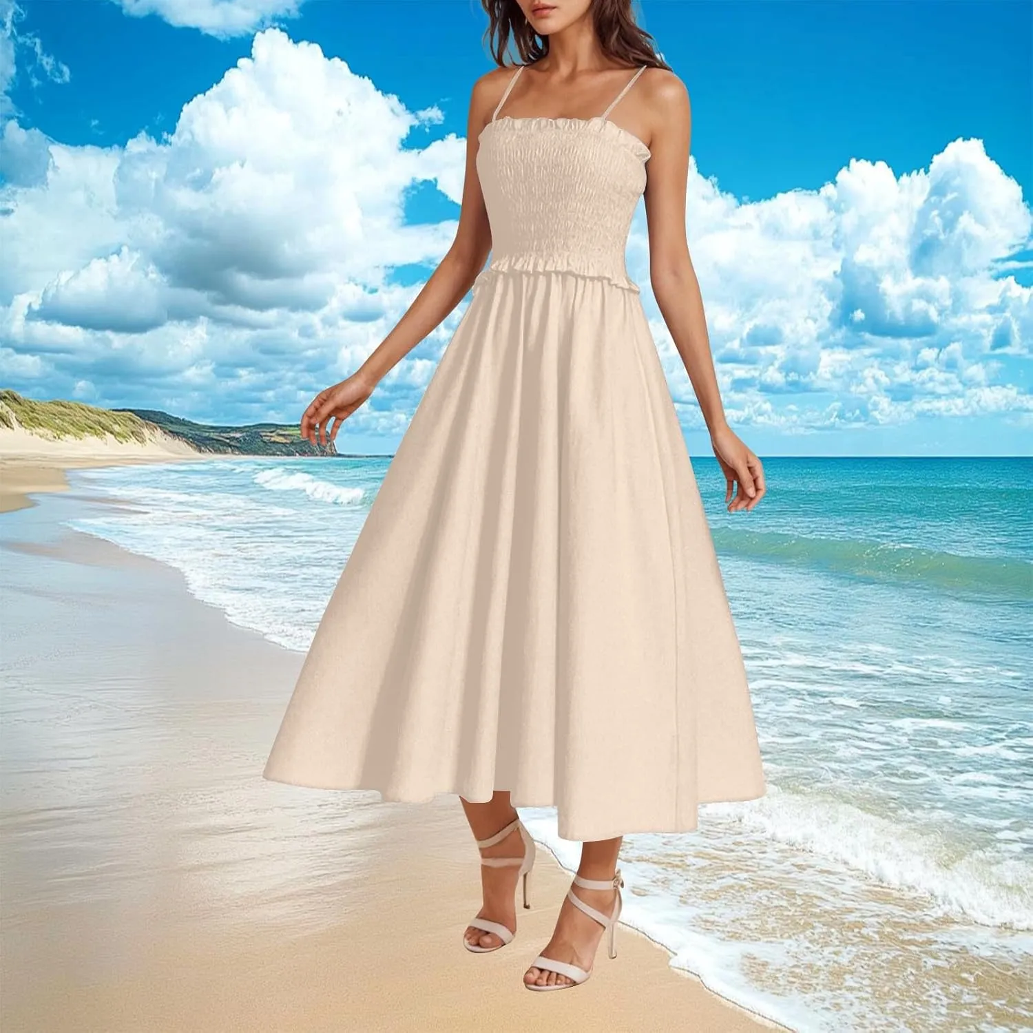 Midi Dresses for Women 2025 Summer Fashion Spaghetti Strap Slip Dress High Waisted Cocktail Party A Line Long Dress