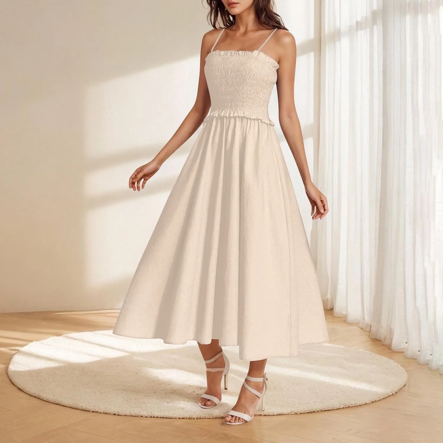 Midi Dresses for Women 2025 Summer Fashion Spaghetti Strap Slip Dress High Waisted Cocktail Party A Line Long Dress