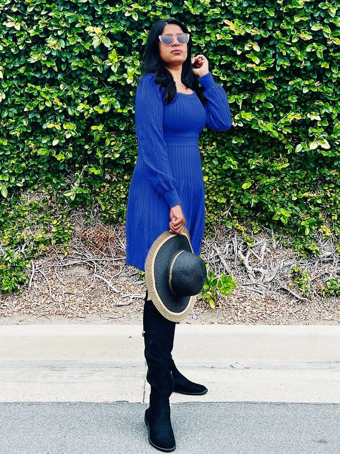 Miladusa Sweater Dress for Women Long Sleeve Square Neck Knee Length Casual Knit Dresses