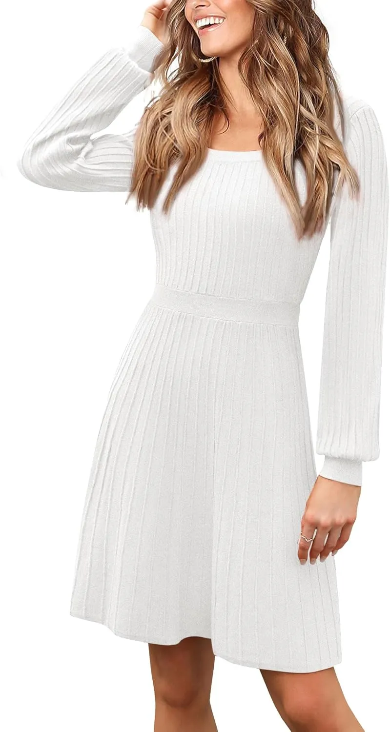 Miladusa Sweater Dress for Women Long Sleeve Square Neck Knee Length Casual Knit Dresses