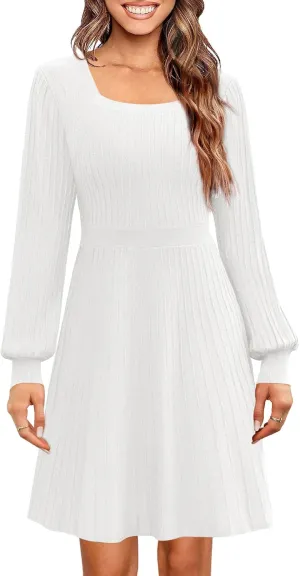 Miladusa Sweater Dress for Women Long Sleeve Square Neck Knee Length Casual Knit Dresses
