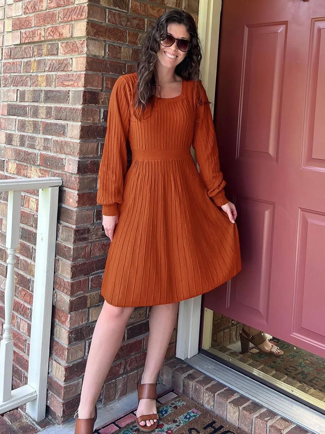 Miladusa Sweater Dress for Women Long Sleeve Square Neck Knee Length Casual Knit Dresses
