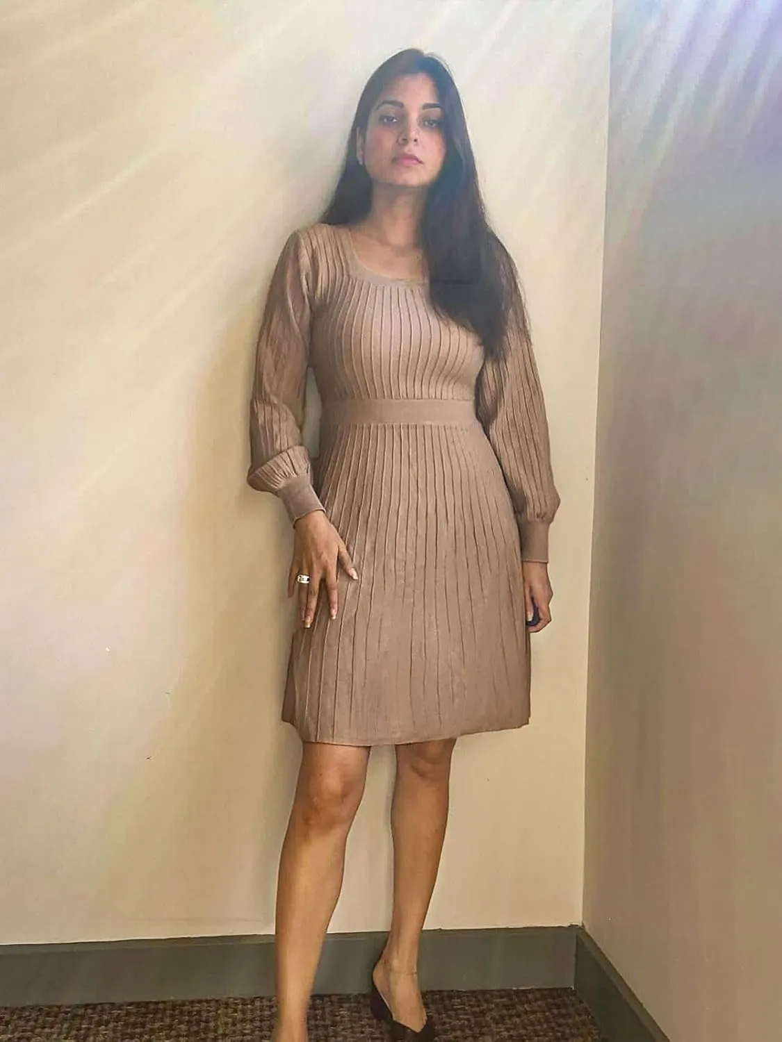 Miladusa Sweater Dress for Women Long Sleeve Square Neck Knee Length Casual Knit Dresses