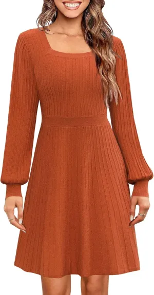 Miladusa Sweater Dress for Women Long Sleeve Square Neck Knee Length Casual Knit Dresses