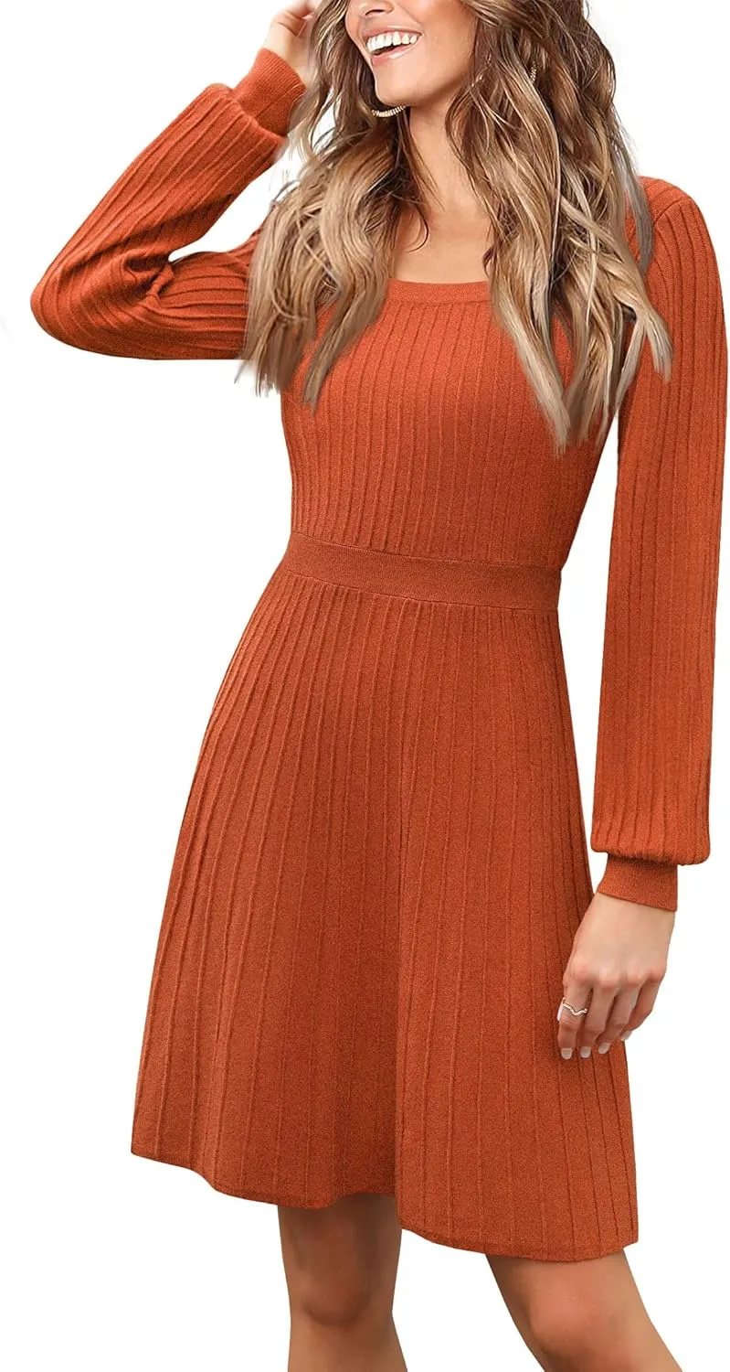 Miladusa Sweater Dress for Women Long Sleeve Square Neck Knee Length Casual Knit Dresses