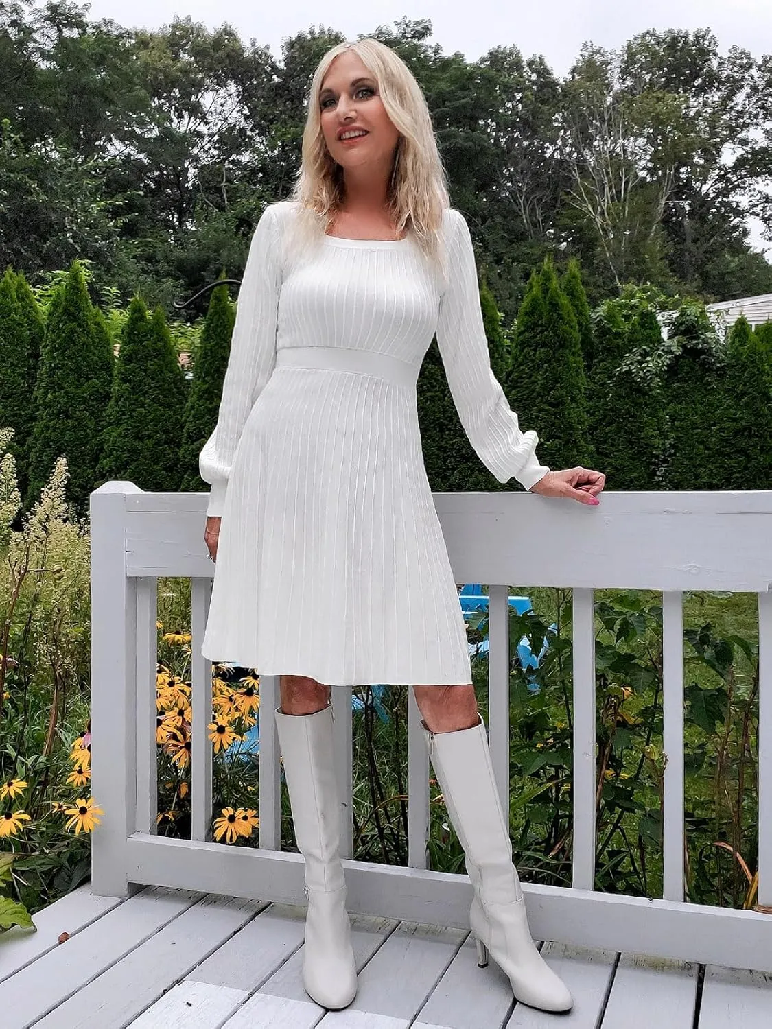 Miladusa Sweater Dress for Women Long Sleeve Square Neck Knee Length Casual Knit Dresses