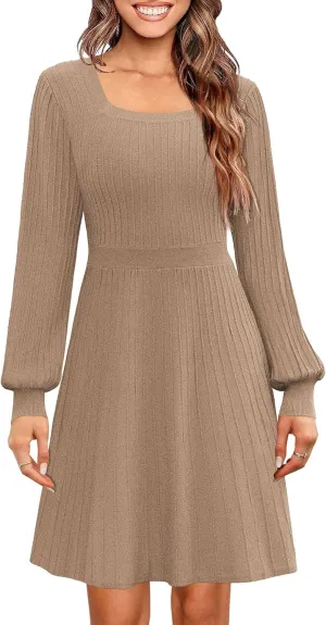 Miladusa Sweater Dress for Women Long Sleeve Square Neck Knee Length Casual Knit Dresses