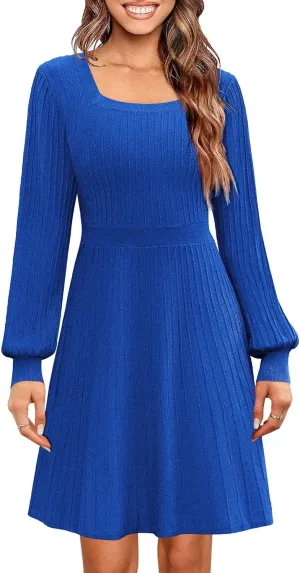 Miladusa Sweater Dress for Women Long Sleeve Square Neck Knee Length Casual Knit Dresses