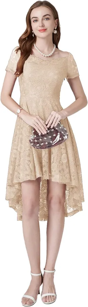 MllesReve Vintage Floral Lace Women Cocktail Party Dress High Low Swing Dress Formal Wedding Guest Dress