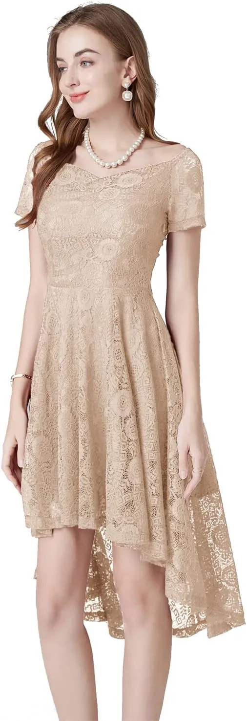 MllesReve Vintage Floral Lace Women Cocktail Party Dress High Low Swing Dress Formal Wedding Guest Dress