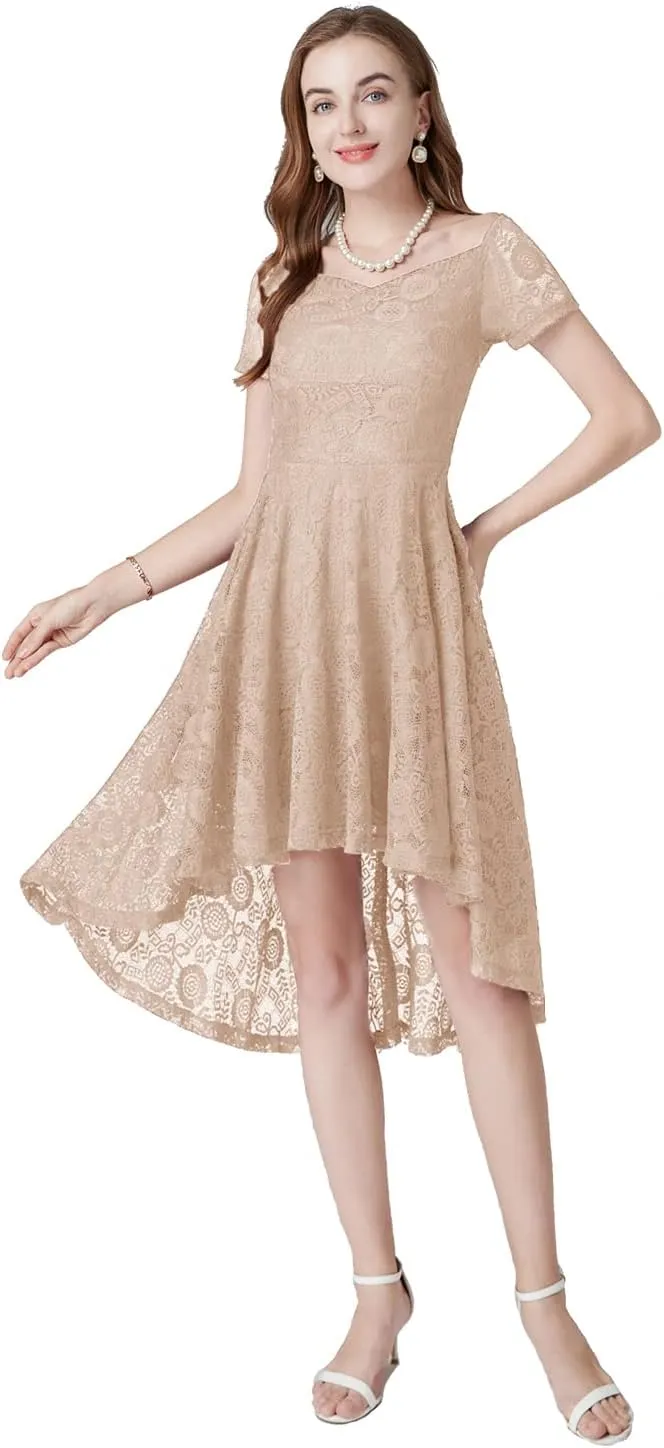 MllesReve Vintage Floral Lace Women Cocktail Party Dress High Low Swing Dress Formal Wedding Guest Dress