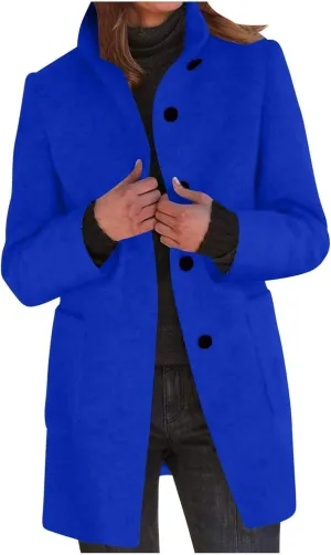 Mmoneyake Long Pea Coats for Women Fall Winter Wool Coats Casual Thicken Stand Collar Single Breasted Peacoat Blazer Jacket
