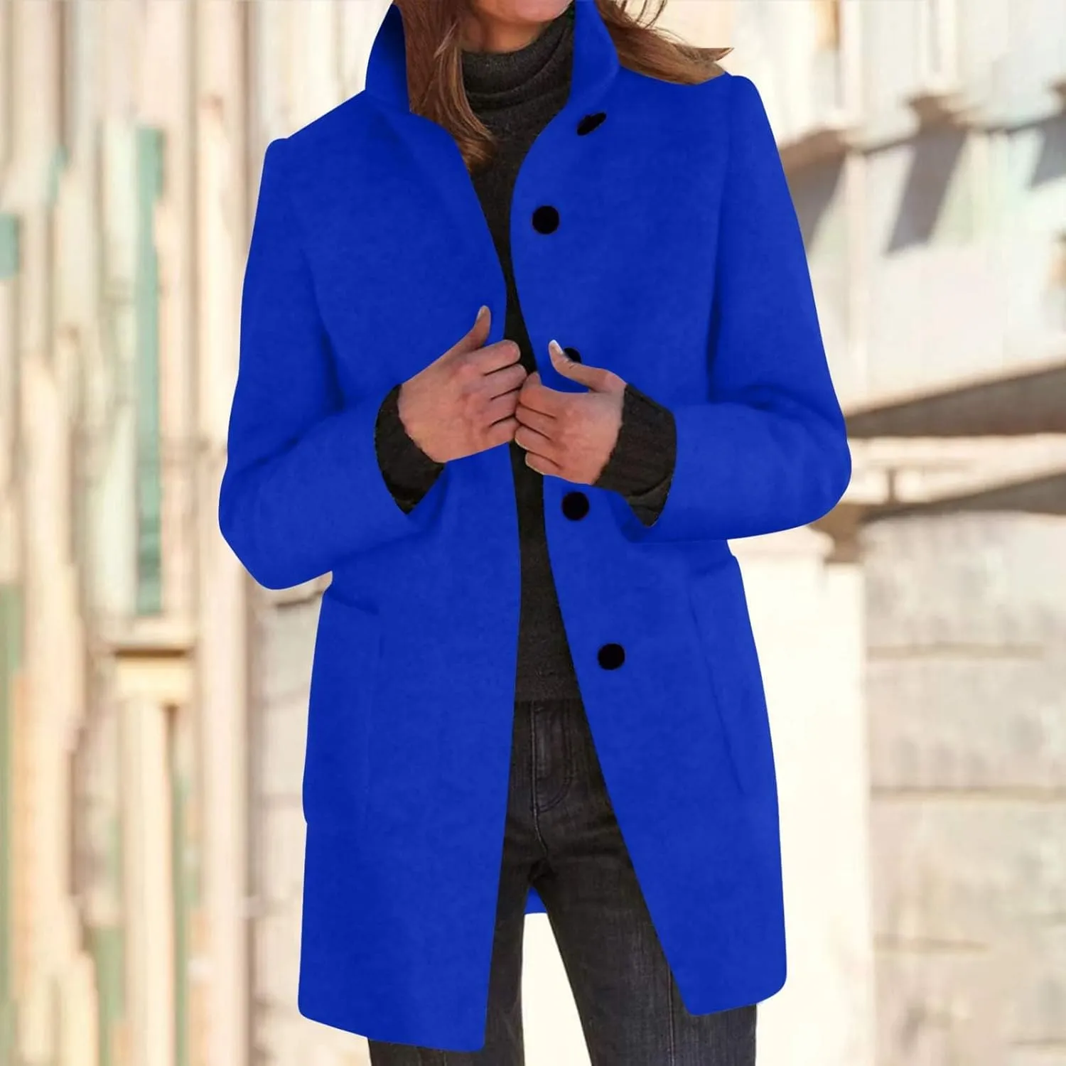 Mmoneyake Long Pea Coats for Women Fall Winter Wool Coats Casual Thicken Stand Collar Single Breasted Peacoat Blazer Jacket