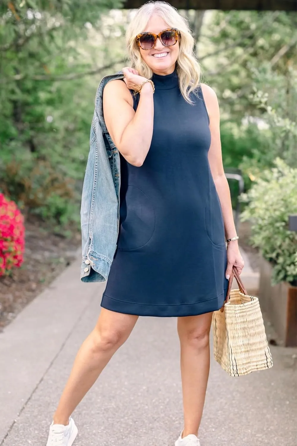 Mock Neck Dress for Women Summer Tank Dress Sleeveless Elegant Mini Dress with Pockets