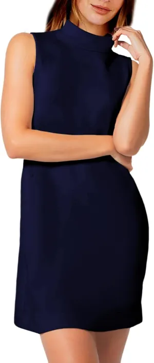 Mock Neck Dress for Women Summer Tank Dress Sleeveless Elegant Mini Dress with Pockets
