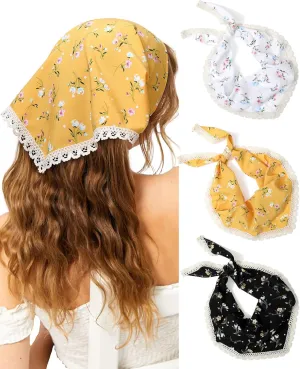 Molans 3Pcs Floral Head Scarf, Chiffon Hair Bandanas Kerchief, Vintage Boho Hair Scarf for Women Girls