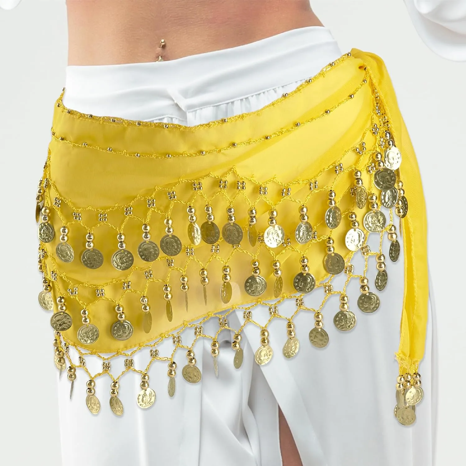 MOLFUJ Belly Dance Hip Scarf with 128 Gold Coins, Belly Dancer Belt Scarf Skirt for Women